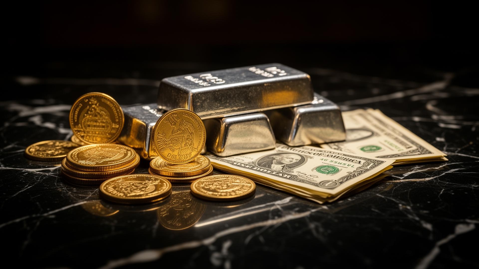 Rare gold coins, silver bars and collectible currency on black marble